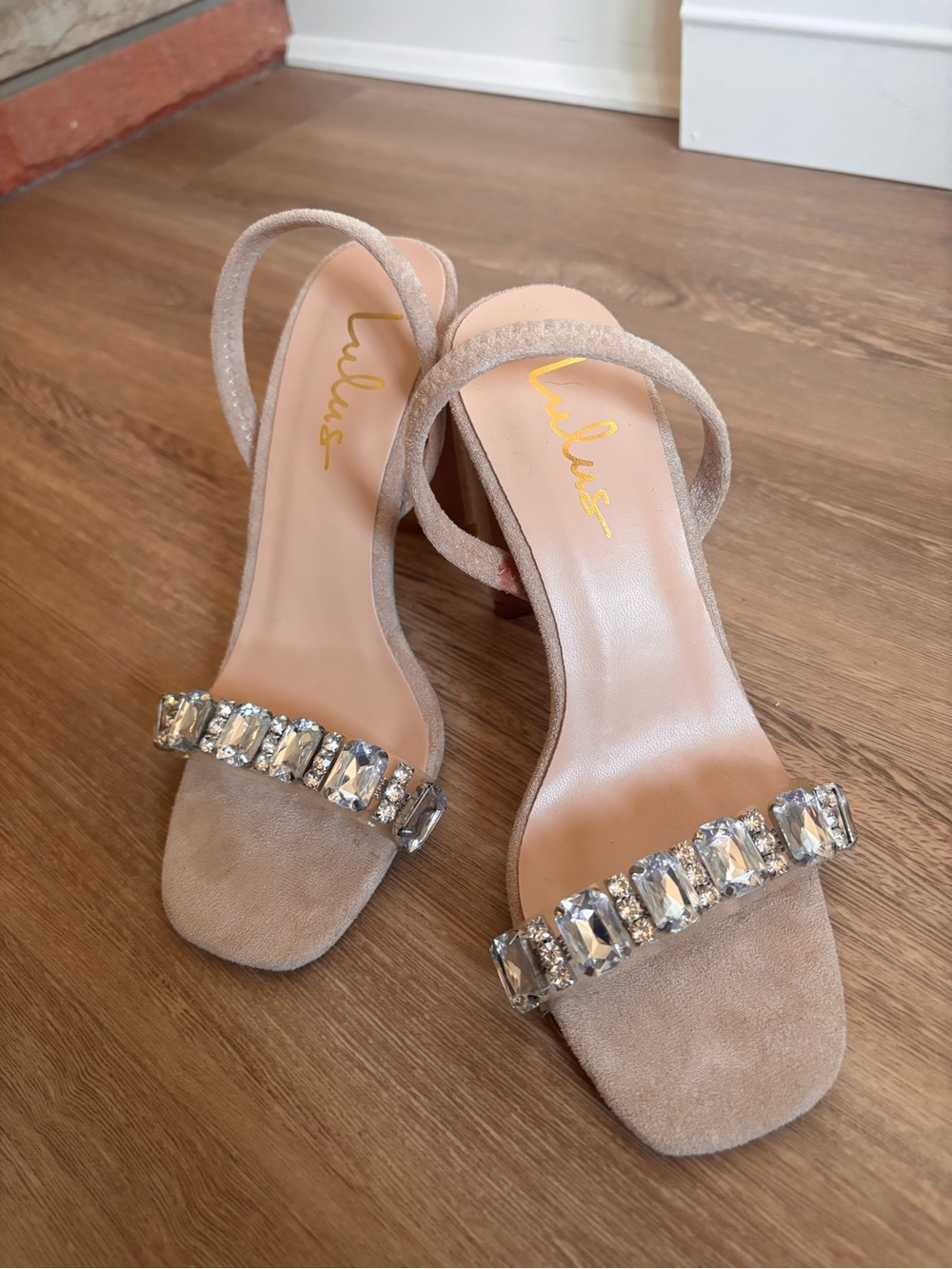 Lulu's Champagne Crystal Strap Block Heel Sandals